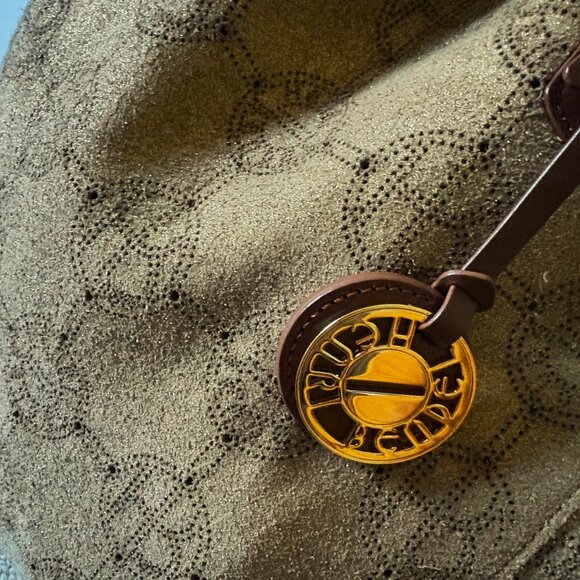 Henri Bendel Large Metallic Pierced Suede Shoulder Bag Carmel Leather EUC - Picture 10 of 12